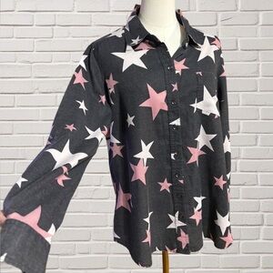 Whimsical Star Print Button Front Shirt Black Pink White Relaxed Fit 00/M US 10